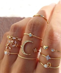Bohemian Gold Color Chain Rings Set For Women Fashion Boho Moon Heart Butterfly Zircon Rings Party New Trend Jewelry Gift Pearl