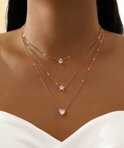 Crystal Zircon Heart Star Charm Layered Pendant Necklace Set for Women Charms Fashion Square Rhinestone Female Vintage Jewelry