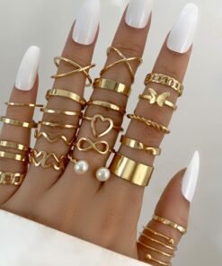 Modyle Boho Gold Color Heart Rings Set For Women Vintage Geometric Cross Pearl Butterfly Finger Rings Female Trendy Jewelry Gift