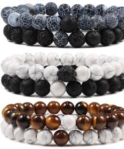 Set Bracelet Couples Distance Black White Natural Lava Stone Tiger Eye Beaded Yoga Bracelets for Men Women Elastic Rope Jewelry