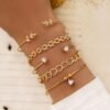 Trendy Geometric Link Chain Bracelet Set For Women Rhinestones Gold Color Leaves Heart Pendant Open Cuff Bangle Girls Jewelry