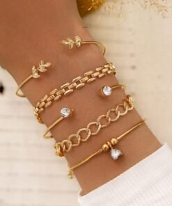 Trendy Geometric Link Chain Bracelet Set For Women Rhinestones Gold Color Leaves Heart Pendant Open Cuff Bangle Girls Jewelry