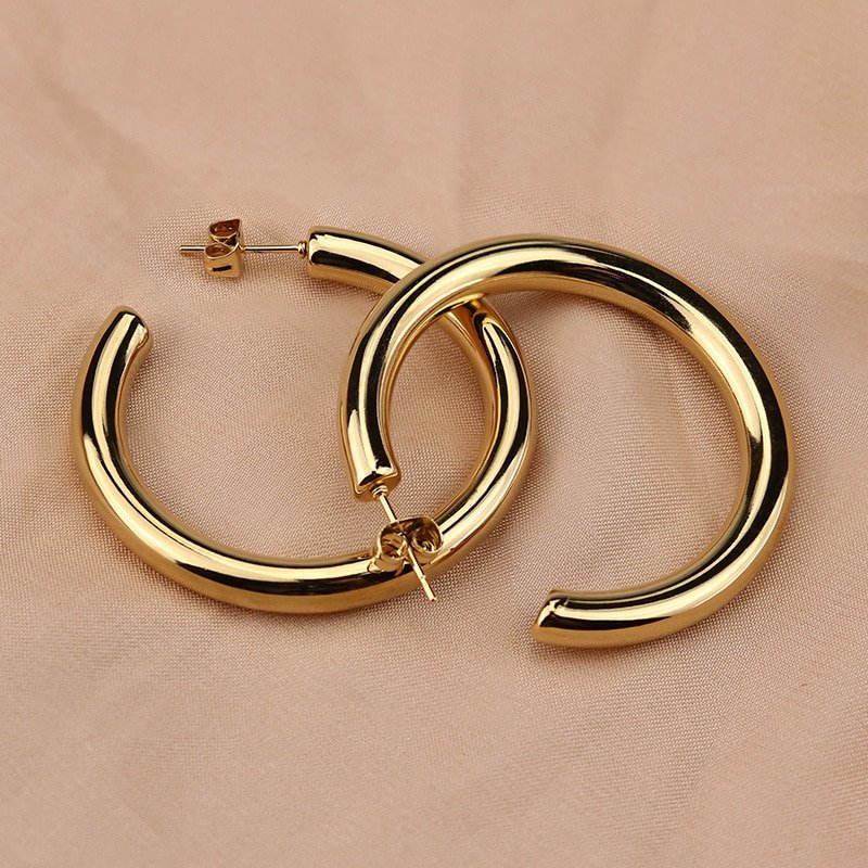 Oversize Gold Plated Hoop Earring Simple Thick Round Circle Stainless Steel Earrings for Women Punk Hiphop Jewelry Brincos Latest