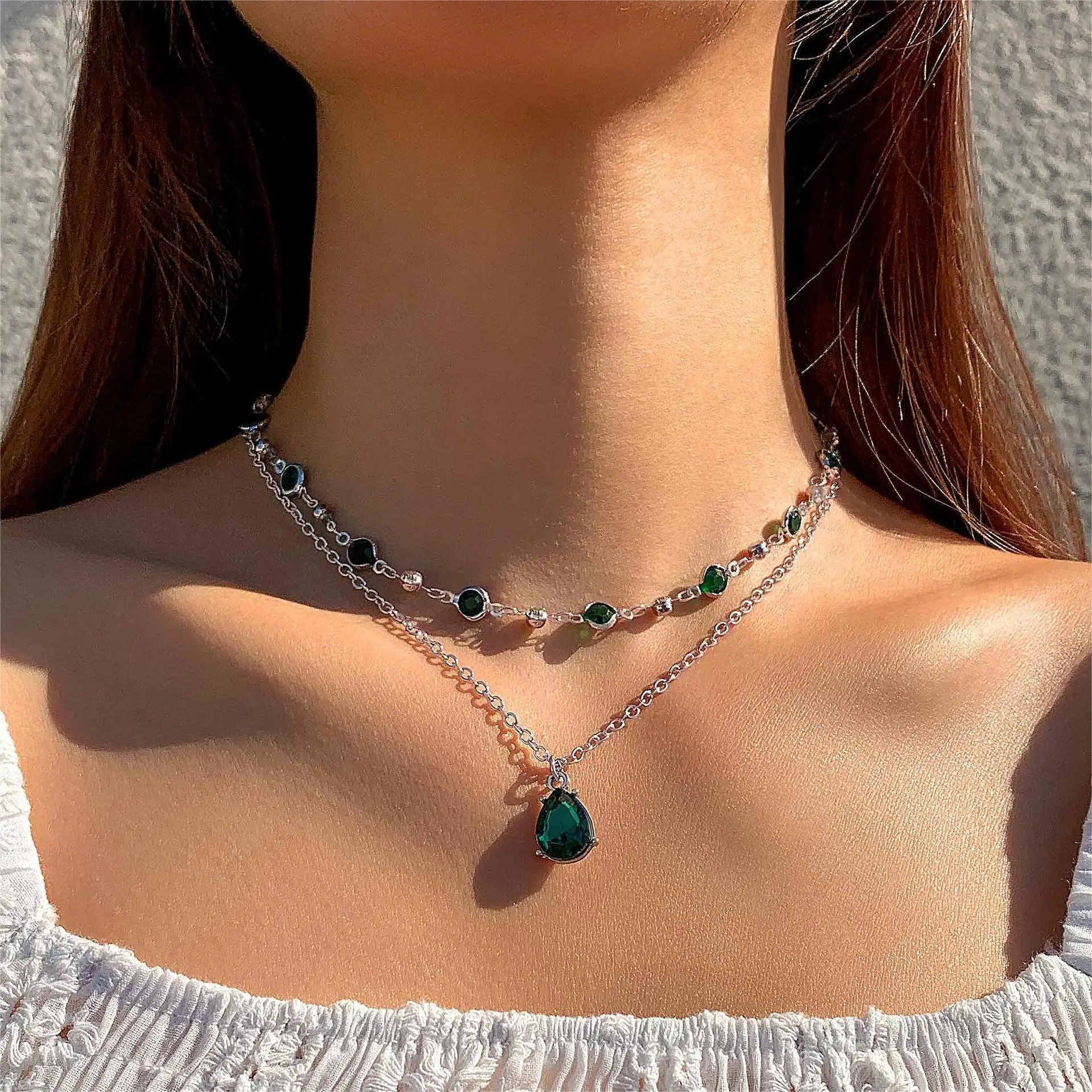 Crystal Emerald Gemstone Pendant Necklace Retro Multilayer Choker Emerald Zircon Necklace for Women Jewelry Gift 2025 New