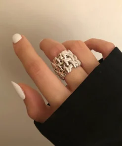 S925 Sterling Silver Irregular Double-Layer Ring with Fine Gemstone Agate, Dark and Minimalist Style, Stackable Open Ring with a Cool and Understated Vibe