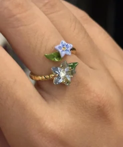 French-Style Enamel Vintage Blue Jasmine Flower Star Gemstone Adjustable Open Ring for Women, New Trendy Product