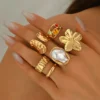 Bohemian gold-plated ring set, irregular hammered flower pearl open ring, vintage party jewelry.