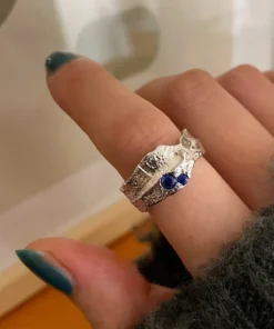 S925 Sterling Silver Irregular Double-Layer Ring with Fine Gemstone Agate, Dark and Minimalist Style, Stackable Open Ring with a Cool and Understated Vibe