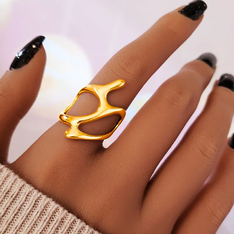Kpop Trend Lava Irregular Rings Vintage Chunky Hollow Branches Open Ring For Women Punk Geometric Rings Wedding Y2K Jewelry