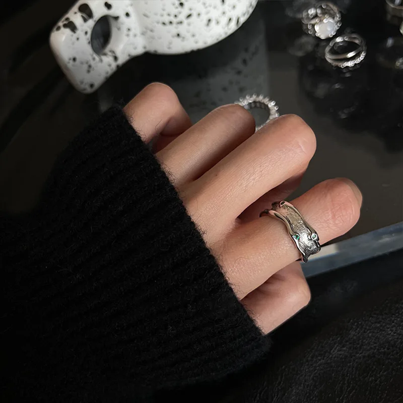 S925 Sterling Silver Irregular Double-Layer Ring with Fine Gemstone Agate, Dark and Minimalist Style, Stackable Open Ring with a Cool and Understated Vibe