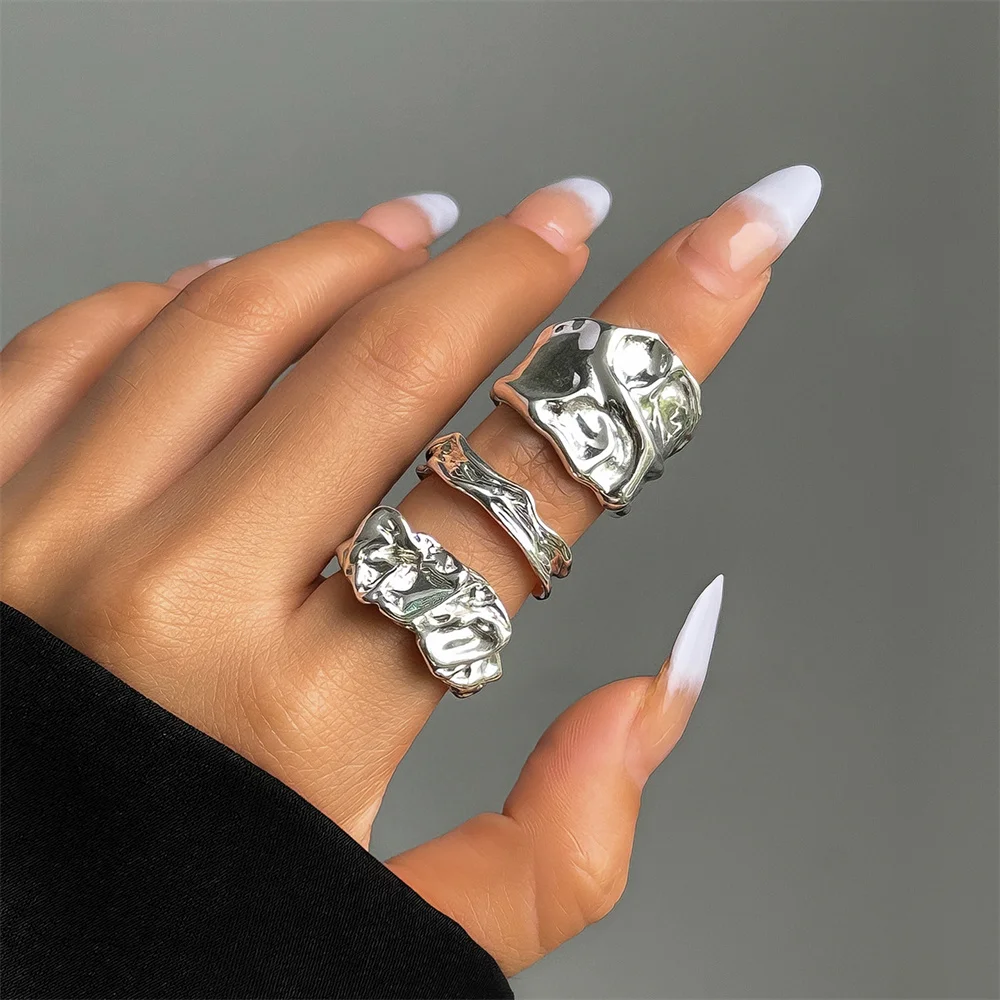 Irregular Punk 3Pc/set Chunky Rings Set for Women Silver Color Geometric Adjustable Open Finger Rings Jewelry Girl