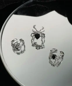 Retro Black Gemstone Spider Ring Couple Jewelry Accessories Niche Design Open Mouth Personality Rings Hip Hop Style Gift